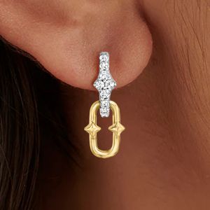 Two Tone Paper Clip Round Cut White Sapphire Drop Earrings