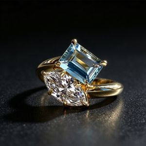 Golden Toi Et Moi Emerald & Marquise Cut Aquamarine & White Sapphire Engagement Ring