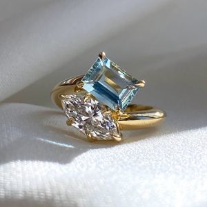 Golden Toi Et Moi Emerald & Marquise Cut Aquamarine & White Sapphire Engagement Ring
