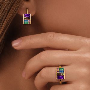 Golden Baguette Cut Purple & Blue & Emerald Sapphire Cocktail Ring & Drop Earrings Set