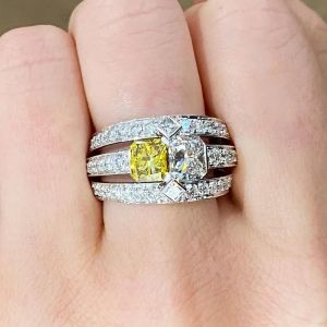 Triple Row Princess Cut Yellow & White Sapphire Engagement Ring