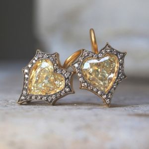 Two Tone Halo Heart Cut Yellow & White Sapphire Drop Earrings
