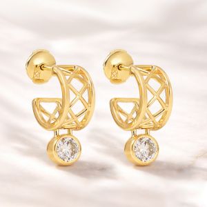 Golden Bezel Round Cut White Sapphire Drop Earrings
