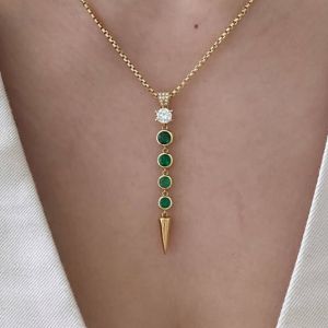 Golden Bezel Round Cut Emerald & White Sapphire Pendant Necklace