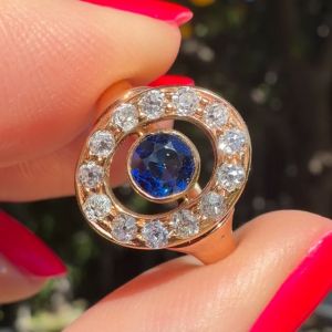 Golden Halo Round Cut Blue & White Sapphire Engagement Ring