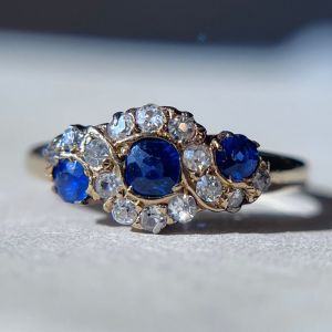 Golden Halo Cushion & Round Cut Blue & White Sapphire Engagement Ring