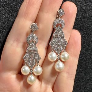 Round & Baguette Cut Pearl & White Sapphire Drop Earrings
