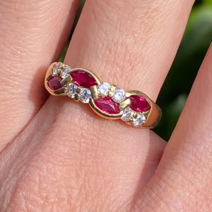 Golden Marquise & Round Cut Ruby & White Sapphire Half Eternity Wedding Band