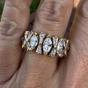 Golden Alternating Marquise & Baguette Cut White Sapphire Half Eternity Wedding Band