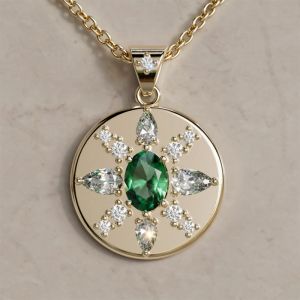 Golden Coin Design Oval & Pear Cut Emerald & White Sapphire Pendant Necklace