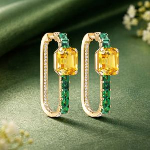 Golden Emerald & Asscher Cut Yellow & Emerald Sapphire Hoop Earrings