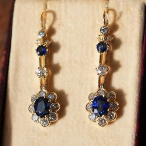 Golden Halo Oval & Round Cut Blue & White Sapphire Drop Earrings