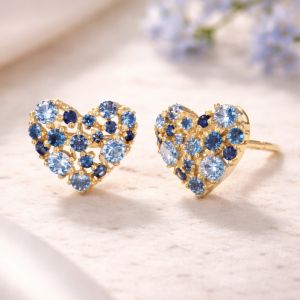 Heart Shape Round Cut Blue & Aquamarine Sapphire Stud Earrings