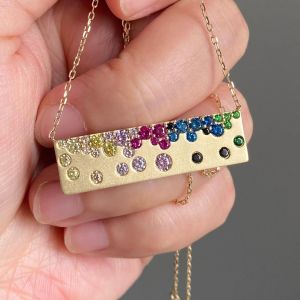 Pave Setting Round Cut Multi Color Sapphire Bar Pendant Necklace
