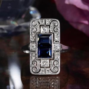 Milgrain Emerald & Round Cut Blue & White Sapphire Engagement Ring