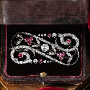 Swirl Design Round Cut White & Ruby Sapphire Brooch Pin