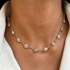 Golden Wave Design Round Cut White Sapphire Tennis Necklace
