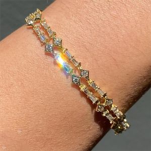 Golden Two Row Round & Baguette Cut White Sapphire Tennis Bracelet