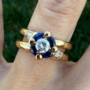 Golden Split Shank Round & Marquise Cut White & Blue Sapphire Engagement Ring