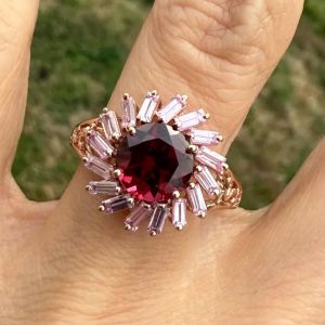 Rose Gold Sunburst Design Round & Baguette Cut Ruby & Pink Sapphire Engagement Ring
