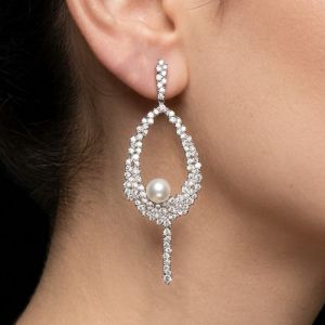 Pave Setting Round Cut Pearl & White Sapphire Drop Earrings