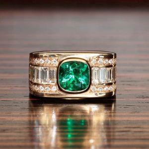 Golden Bezel Cushion & Baguette Cut Emerald & White Sapphire Engagement Ring