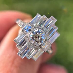 Bezel Round & Baguette Cut White Sapphire Engagement Ring