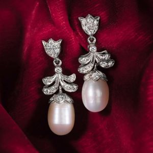Floral Oval & Round Cut White Sapphire & Pearl Drop Earrings
