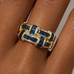 Golden Baguette Cut Blue Sapphire Half Eternity Wedding Band Ring