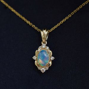 Golden Oval & Round Cut Opal & White Sapphire Pendant Necklace