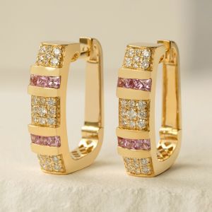 Golden Round & Princess Cut White & Pink Sapphire Hoop Earrings