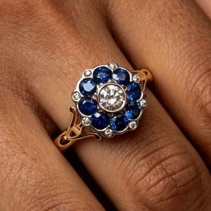 Two Tone Halo Round Cut Blue & White Sapphire Engagement Ring