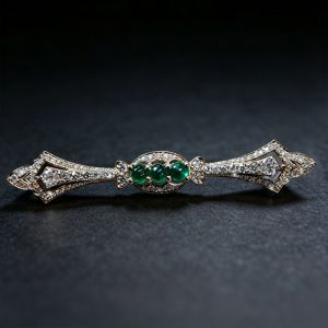Golden Round Cabochon Cut Emerald & White Sapphire Brooch Pin