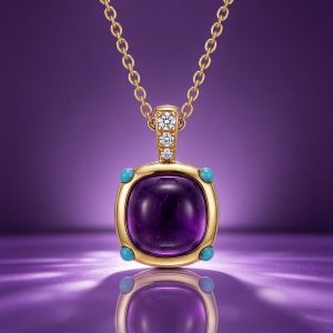 Golden Cushion Cabochon & Round Cut Amethyst & Turquoise Sapphire Pendant Necklace