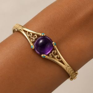 Golden Cushion Cabochon & Round Cut Amethyst & Turquoise Sapphire Bangle Bracelet