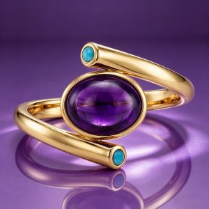 Golden Bezel Oval Cabochon & Round Cut Amethyst & Turquoise Sapphire Engagement Ring