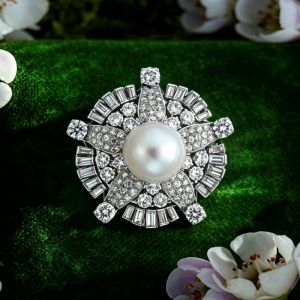 Round & Baguette Cut Pearl & White Sapphire Brooch Pin