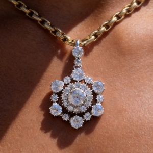 Two Tone Halo Round Cut White Sapphire Pendant Necklace