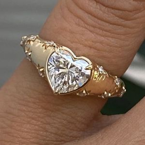 Golden Heart & Round Cut White Sapphire Engagement Ring