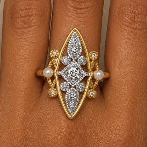 Two Tone Round Cut White Sapphire & Pearl Engagement Ring