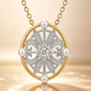 Two Tone Milgrain Round Cut White Sapphire & Pearl Pendant Necklace