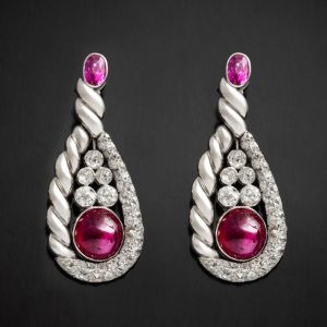 Twist Cabochon Round & Oval Cut Ruby & White Sapphire Drop Earrings