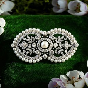 Halo Open Work Round Cut Pearl & White Sapphire Brooch Pin