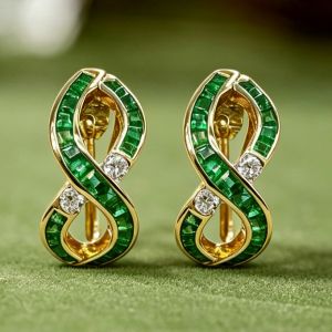 Golden Twist Round & Asscher & Baguette Cut White & Emerald Sapphire Hoop Earrings