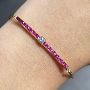 Two Tone Round & Princess Cut White & Ruby Sapphire Tennis Bracelet
