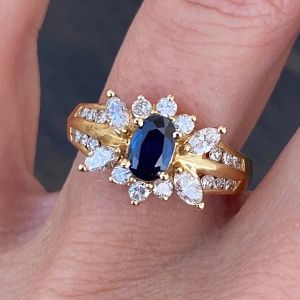 Golden Oval & Marquise & Round Cut Blue & White Sapphire Engagement Ring