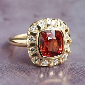 Halo Bezel Cushion & Round Cut Garnet & White Sapphire Engagement Ring 