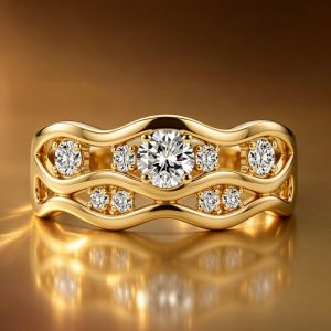 Golden Wave Design Round Cut White Sapphire Half Eternity Wedding Band Ring
