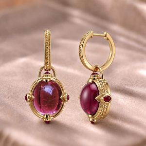 Golden Oval Cabochon Cut Red Sapphire Drop Earrings