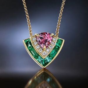 Golden Multi Cut Pink & White & Emerald Sapphire Tiered Pendant Necklace